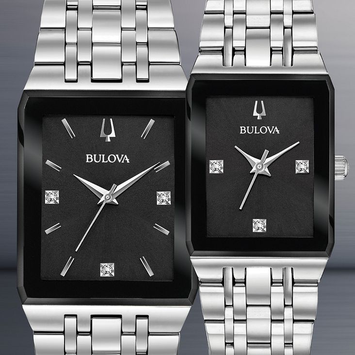 Bulova Quadra Black Dial Diamond Rectangular Steel Watch | Bulova